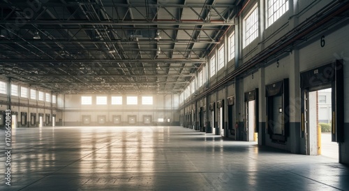 Vast Industrial Warehouse: Sunlit Interior with Loading Docks