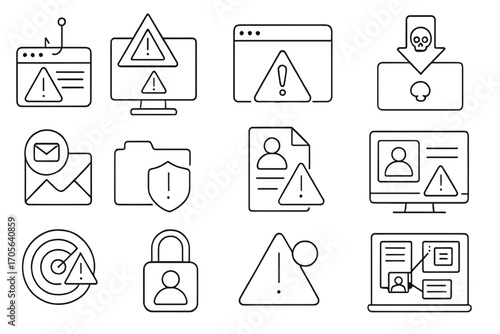 Warning and alert line icon set. caution, security symbols linear collection