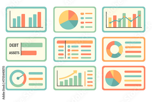 Data visualization flat icon set. charts, graphs, analytics icons flat collection