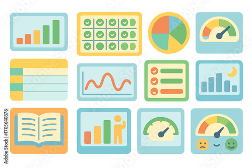 Data visualization flat icon set. charts, graphs, analytics for reports