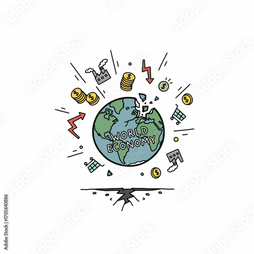 A cartoon depiction of a fractured Earth, symbolizing a failing world economy, surrounded by financial symbols and industrial elements.
