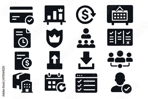 Business management solid icon set. strategy, teamwork, planning solid collection