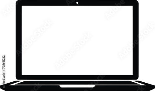 A simple black and white illustration of an open laptop computer with a blank screen.