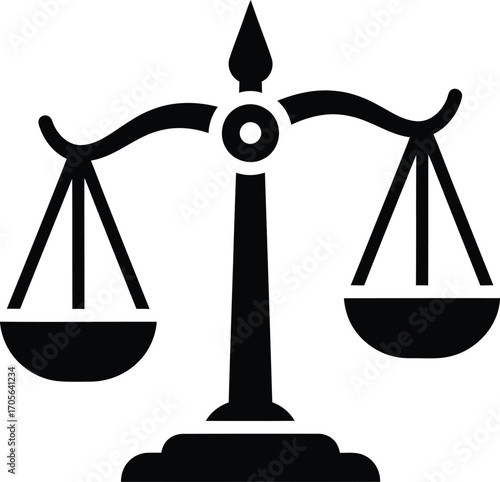 Black silhouette of a classic balance scale, symbolizing justice, equality, and fairness in legal and ethical contexts.