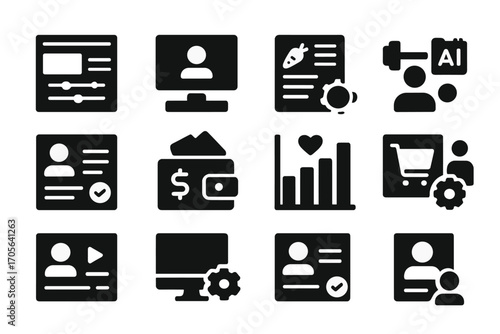 Business and technology solid icon set. professional tools and ai graphics