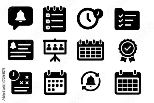 Notification and calendar solid icon set. organize time with these solid icons