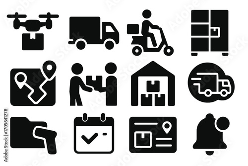 Delivery and logistics solid icon set. shipping, courier icons collection