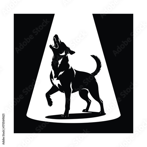 Striking black and white illustration of a dog howling under a spotlight beam