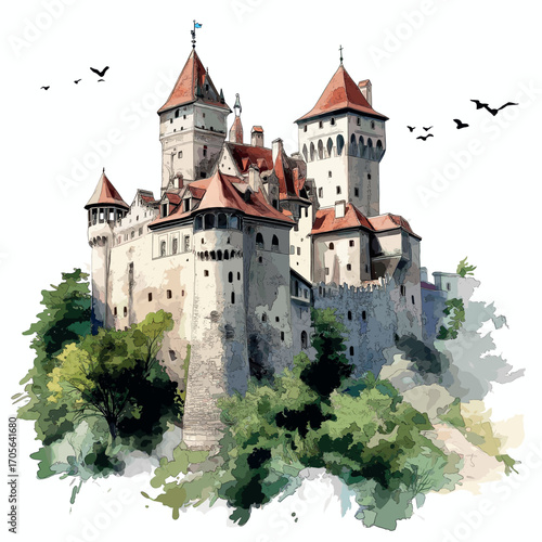 Bran Castle. Bran Castle watercolor vector illustration
