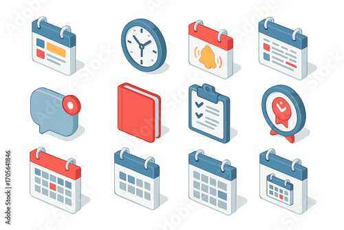 Calendar and clock 3d icon set. time management, schedule and reminder icons collection