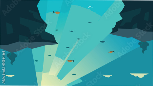 Vector illustration of a cute sea turtle resting on a sandy beach with a small fish