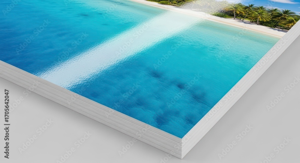 Fototapeta premium Tropical beach scene on printed material with shallow depth of field