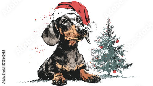 Festive Dachshund Dog with Santa Hat in front of Christmas Tree