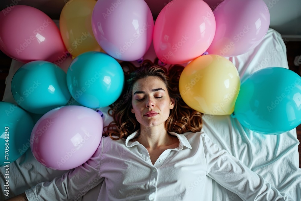 Obraz premium Restless Legs Syndrome: Woman finds solace amidst colorful balloons in bed, showcasing the constant movement and discomfort in her legs