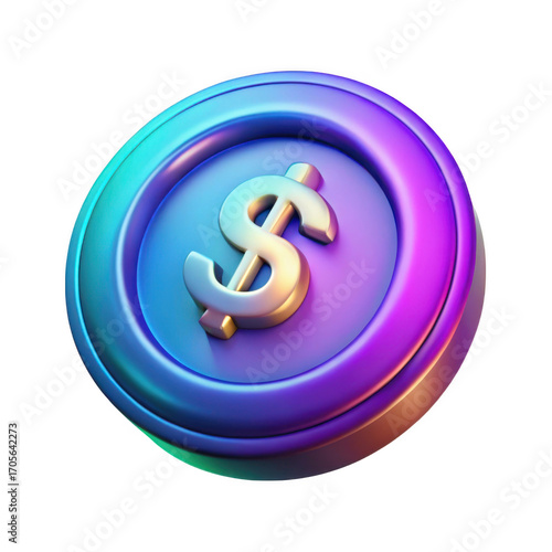 Shiny metallic dollar coin with iridescent edges isolated on transparent background
