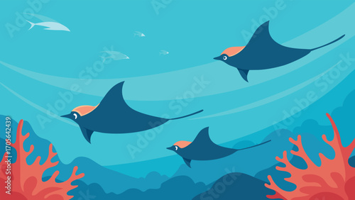 Serene underwater scene manta ray gliding gracefully with bubbles vector illustration