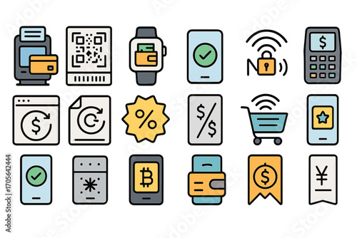 Finance and technology icon set. essential flat icons for fintech applications