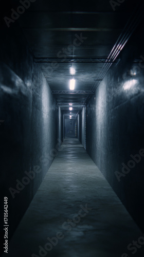 Dark industrial corridor with overhead lights, moody hallway with reflective floor, atmospheric underground passage with dramatic lighting, mysterious empty tunnel with cement walls
