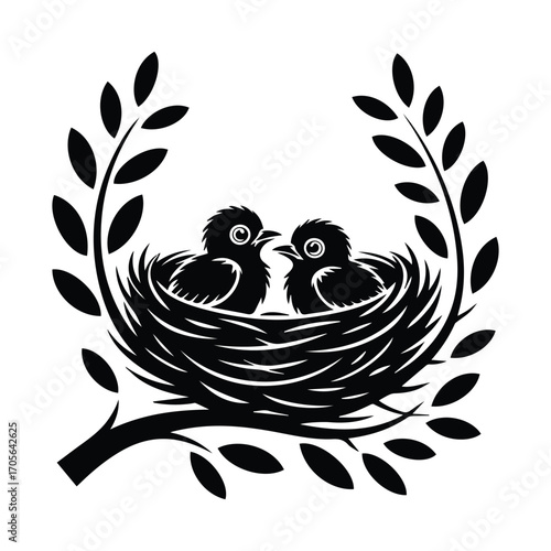 Two baby birds nestled in a nest surrounded by leaves vector illustration