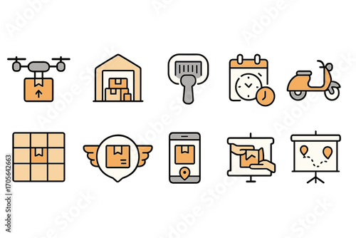Delivery and logistics filled icon set. package, shipping, transport visuals collection