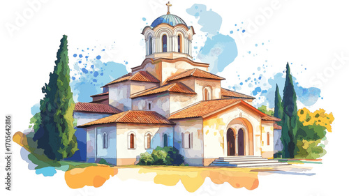 Studenica Monastery. Studenica Monastery watercolor vector illustration