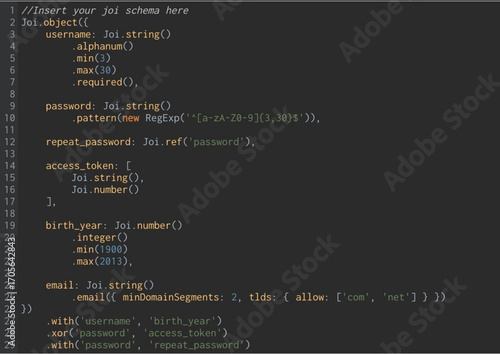 JavaScript code snippet showing Joi validation rules.User registration validation schema using Joi.Node.js Joi validation example for form input fields