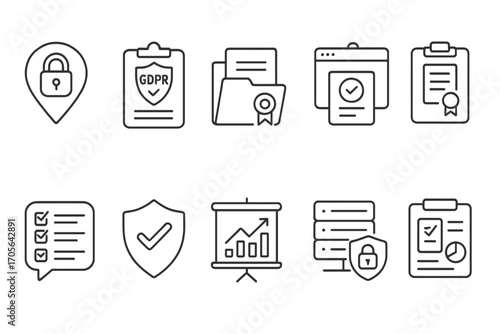 Business and privacy line icon set with security and data protection symbols