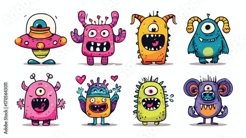 Colorful Cartoon Monsters and UFO Doodle Illustration for Creative Projects