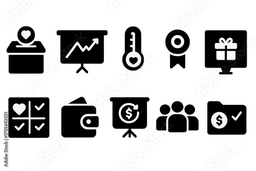 Charity, donation solid icon set. volunteering, fundraising to giving icons collection