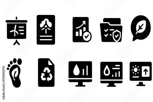 Eco, renewable energy solid icon set. sustainable, green, earth-friendly icons collection