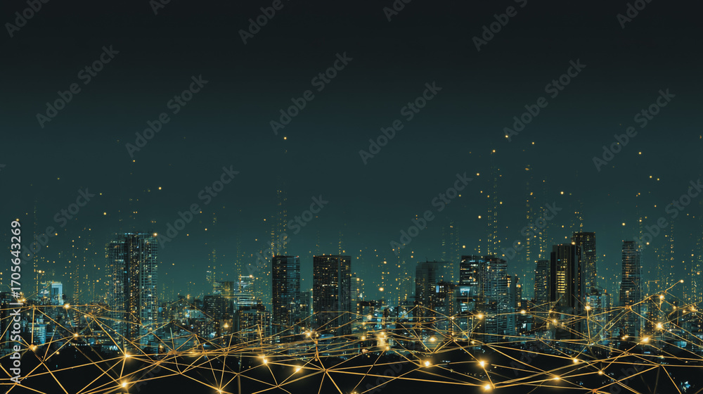 Fototapeta premium Twilight a city of modern business and smart digital innovation with a network of interconnected rewards over the cityscape of the future smart wireless digital city and social media network