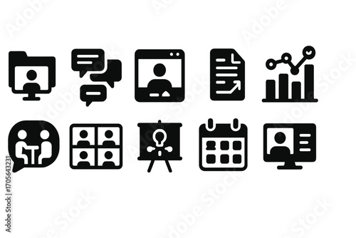 Business communication solid icon set. online meeting, analytics icons solid collection