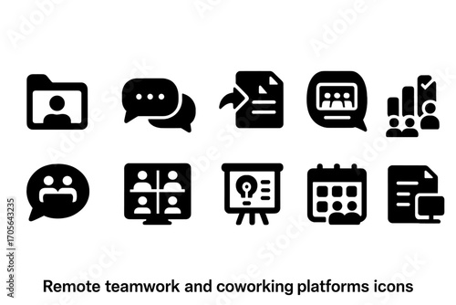 Business communication solid icon set: remote, coworking, teamwork, digital tools