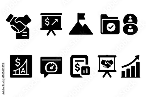 Business growth solid icon set. finance, strategy, analytics plot icons collection
