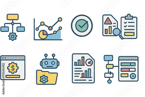 Business and analytics outline icon set. data, report, workflow icons collection