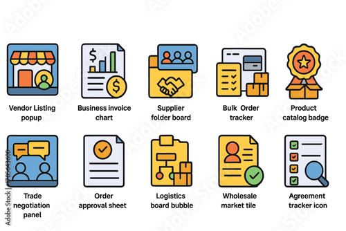 Business, trade flat icon set. vendor, invoice, and logistics flat icons collection
