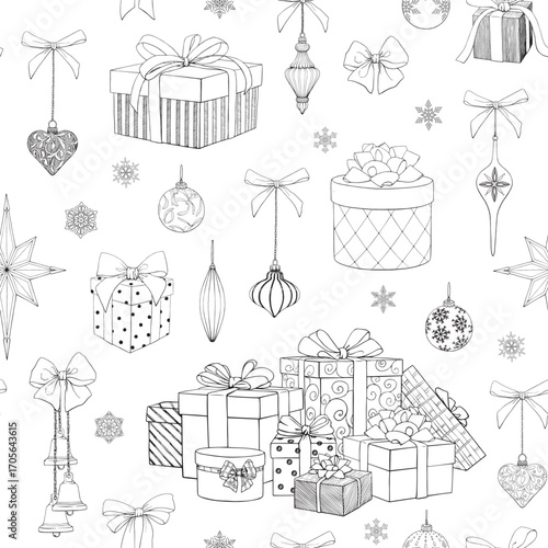 Line art vector Vintage Christmas seamless pattern with gift boxes, toys, bows, bells, star, snowflakes. Background for design package, holiday, wrapping paper, decor new year. Black white Hand drawn