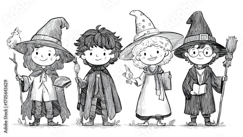 Enchanted Kids in Magical Witch and Wizard Costumes