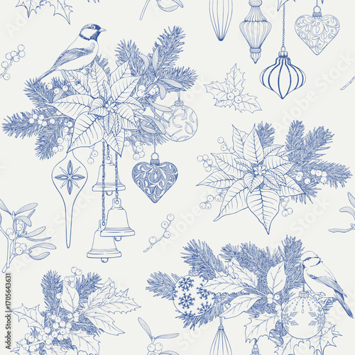 Christmas Vintage seamless pattern with tit bird fir twig mistletoe bells balls toys holly poinsettia. Blue beige Hand drawn Vector background for design holidays package wrapping paper new year decor