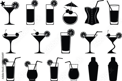 Cocktail drink glass vector set, black and white bar icons, mixology silhouette collection, garnished beverages, stylish alcohol illustration, party design elements