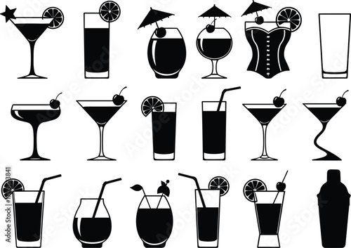 Cocktail glass vector set, black and white drink icons, mixology elements, barware silhouette collection, garnished beverages, stylish alcohol illustration