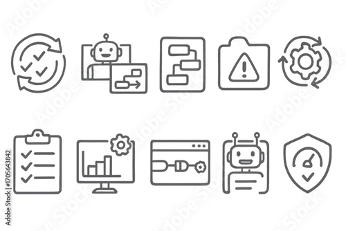 Technology linear icon set. automation, ai, efficiency, and data line art collection