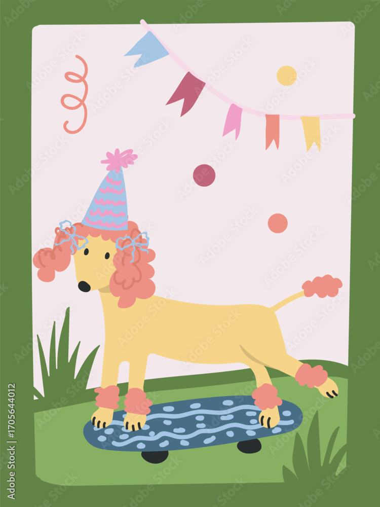 Fototapeta premium Cute poodle dog on skateboard with party hat and garland, funny festive vector illustration for children’s birthday design