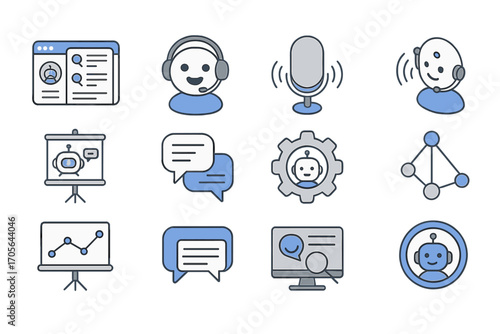 Customer service line icon set. support, chat, microphone, bot icons outline collection