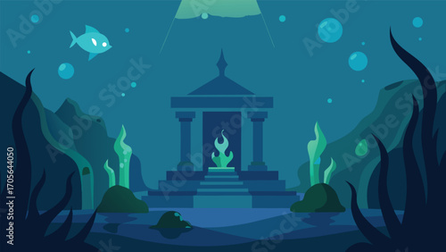 Serene underwater meditation scene peaceful ancient figure in lotus pose calming blue aquatic illustration