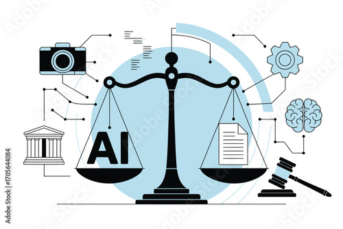 Artificial Intelligence and Law Illustration,  Governance, Compliance, Risk Management, Ethical AI Regulation Concept, Technology Control, Modern Legal Digital Framework, AI Policy and Justice Vector 