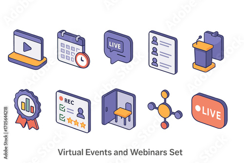Virtual events outline icon set. webinars, online meetings, virtual conference collection