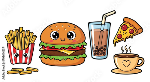 Fun and cute kawaii fast food characters set. An illustrated collection of a smiling hamburger, happy french fries, pizza, boba tea, and coffee