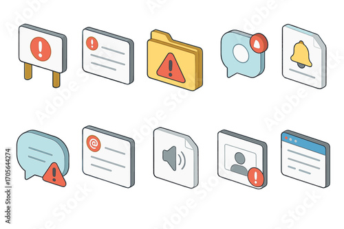 Alert and notification 3d icon set. warning, message, alert visuals in 3d style