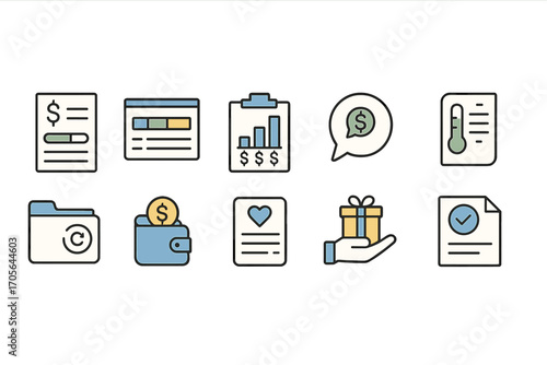 Finance, business outline icon set. reports, money management icons in line style